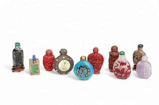 Chinese Snuff Bottle Collection, Feat. Pekin Glass, Cinnabar, Cloisonne, Crystal & Stone, H 3" W 2.25" 10 pcs