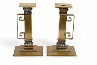 Brass Square Candlesticks Ca. 1900, H 9" W 5" 1 Pair