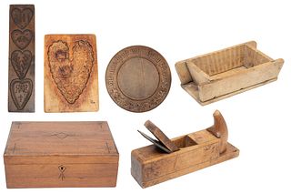 Folk Art Carved Wood Molds, Plate & Shoeshine Box, 7 pcs