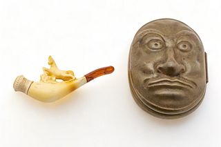 Meerschaum Carved Cheroot Holder & Brass Tobacco Box Ca. 1870