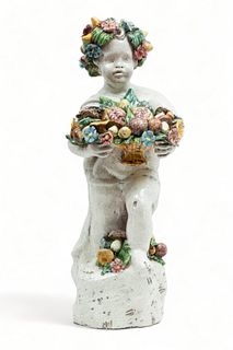 Ceramiche Bertini (Italian) Glazed Terracotta Figure, Cherub with Harvest Fruit, H 26"