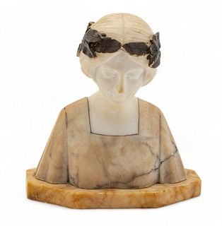 Italian Carved Marble And Alabaster Bust of a Woman, Laurel Leaf Crown, Ca. Early 20th C., H 7.5" W 7" Depth 3.75"