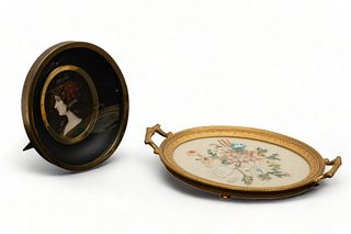 Bronze Oval Tray with Petit Point 9 X 5 & Portrait on Easel 2 pcs