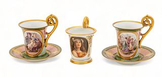 Royal Vienna Porcelain (Austrian) Pair of Teacups And Saucers with One Dresden Teacup, Early 20th C., 5 pcs