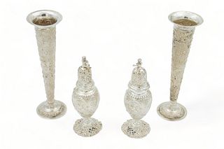 Repousse Silver Bud Vases, Pair & Pair Silver Salt And Pepper Shakers H 8" 2 Pairs