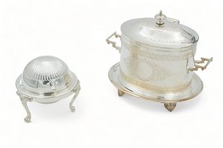 English Silver Plate Biscuit Box & Butter Keeper Ca. 1960, H 8" W 9"