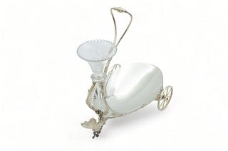 Meriden Silver Plate Cart Pulled by Butterfly, Crystal Vase Ca. 1860, H 10.7" L 10"