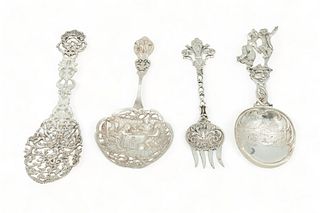 Dutch Silver Serving Spoons (3) And Fork (1) Ca. 1900, 13.4t oz 4 pcs
