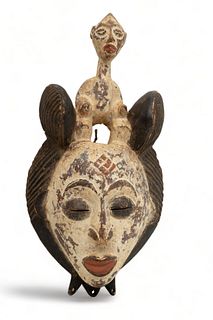 Gabon, Punu Peoples, Polychrome Carved Wood Mask (Mukudj) for Okuyi Society, Ca. Early to Mid 20th C., H 18.5" W 9"