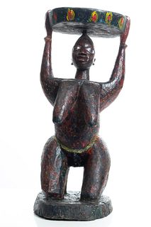 Nigeria, Yoruba Peoples, Carved Polychromed Wood Figural Stool, H 31.5" W 13"