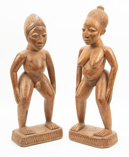 Nigeria, Yoruba Peoples, Carved Wood Male And Female Figures, C. Mid 20Th Century
