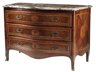 LOUIS XV STYLE MARBLE-TOP INLAID THREE-DRAWER COMMODE