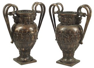 (2)  EGYPTIAN REVIVAL STYLE PATINATED BRONZE URNS, 33"H