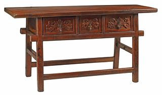 BAROQUE STYLE FOLIATE CARVED THREE-DRAWER CONSOLE TABLE