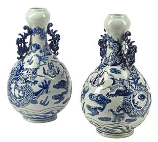 (2) CHINESE BLUE & WHITE PORCELAIN RELIEF MOLDED GARLIC-MOUTH VASES