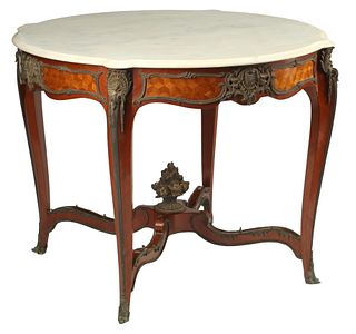 LOUIS XV STYLE ORMOLU-MOUNTED PARQUETRY CENTER TABLE WITH MARBLE TOP 