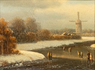 John Wiver (British) Late 20th C. Oil on Canvas "Winter Windmill Scene", H 12" W 16"