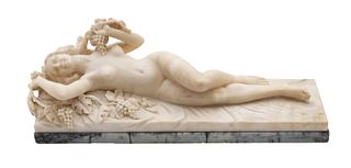 Alesandro Micheltto (Italy) Carved Carrara Marble Sculpture, Ca. 1880, "Reclining Nude", H 7" W 6" L 19"