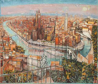 Edouard-Georges Mac-Avoy (French, 1905-1991) Oil on Canvas Ca. 1965-66, "View of Verona, Italy", H 68.5" W 81"
