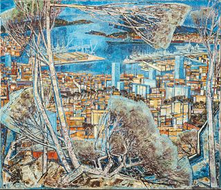 Edouard-Georges Mac-Avoy (French, 1905-1991) Oil on Canvas, 1966, "The Port of Toulon, France", H 69" W 81"