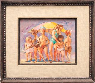 Jon Corbino (American, 1905-1964) Oil on Canvas, "Children - Beach Scene", H 8.25" W 10.25"