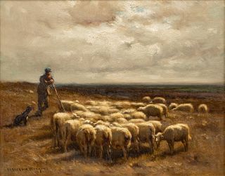 John Carleton Wiggins (American, 1848-32) Oil on Canvas "Sheep on the Holland Moors", H 15" W 19"