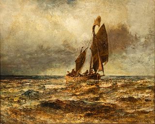 Robert Hopkin (American, 1832-1909) Oil on Canvas Mounted to Masonite, "Fishermen at Sea", H 24" W 30"