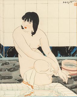 Ishikawa Toraji (Japanese, 1875-1964) Woodblock in Colors on Paper, 1934, "Yokushitsu Nite (At the Bath)", H 19.1" W 14.9"