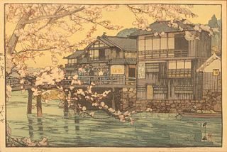 Hiroshi Yoshida (Japanese, 1876-1950) Woodblock on Paper, "Hayase", H 9.5" W 14.75"
