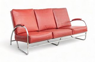 Art Deco Streamline Moderne Style, Faux Leather & Chrome Tubular Couch, Ca. 1930, H 33" W 70" Depth 32"