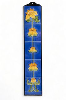 Art Tiles (5) Mounted in Single Metal Frame, Yellow Flower Ca. 1950, H 29" W 5.5"