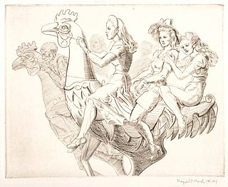 Reginald Marsh (American, 1898-1954) Engraving on Paper, 1941, "Three Girls on a Chicken", H 8" W 10"