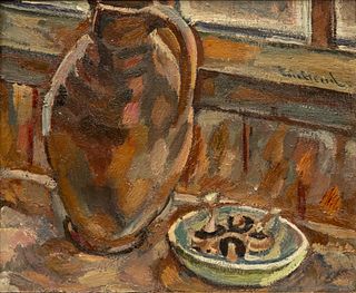 Lois Geuil Oil on Canvas "Still Life (Jug with Bowl of Mushrooms)", H 18" W 21.5"