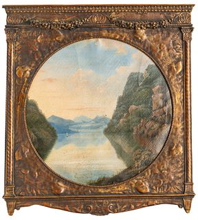 Primitive Oil on Canvas, Ca. 19th C., "Sailing Vessel on a Mountain Lake", Dia. 20"
