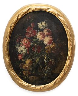 Follower of Pieter Casteels III Flemish School Oil on Canvas,  18th C., "Still Life of Tulips, Peonies, And Other Flowers", H 26.5" W 21"