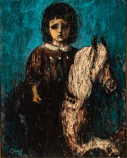 Carlos Irizarry (Puerto Rican, B. 1938) Oil on Canvas, Ca. 1964, "Portrait of a Young Girl on a Hobby Horse", H 30" W 24"