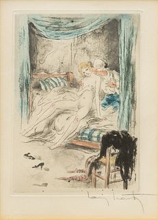 Louis Icart (French, 1888-1950) Engraving with Hand Coloring on Paper, 1946, "A Firm Grip, from La Nuit Et Le Moment", H 7.5" W 5.5"