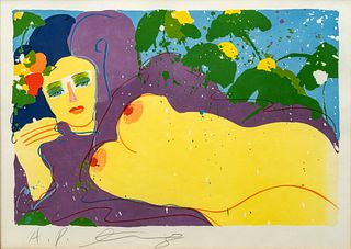 Walasse Ting (American/Chinese, 1929-2010) Lithograph on Wove Paper, Ca. 1977, "Night (Nude with Chrysanthemum)", H 17.75" W 26.75"
