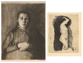 Käthe Kollwitz (German, 1867-1945) Etchings on Paper, Ca. 1898; 1900, "Ein Weberaufstand; Stehender Weiblicher Akt", Two Prints, H 11" W 9"