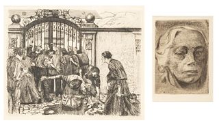 Käthe Kollwitz (German, 1867-1945) Etchings on Wove Paper, "Sturmaus Ein Weberaufstand; Selbstbildnis", Two Prints, H 9.5" W 12"