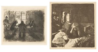 Käthe Kollwitz (German, 1867-1945) Lithograph on Paper, Etching on Paper, 1897; 1893, "Not; Vier Manner in Der Kneipe", H 6.25" W 6"