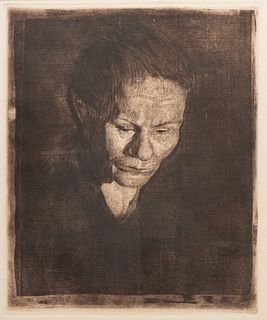 Käthe Kollwitz (German, 1867-1945) Etching on Paper, 1905, Gesenkter Frauenkopf (Woman's Head, Lowered), H 14.75" W 12.25"