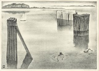 Louis Lozowick (AMERICAN/UKRAINIAN, 1892-1973) Lithograph on Wove Paper, 1932, "Quiet Harbor (Swimming Hole)", H 9.25" W 13"