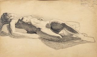 Raphael Soyer (American, 1899-1987) Charcoal on Paper, Dec. 1928, "Reclining Nude", H 8" W 14"