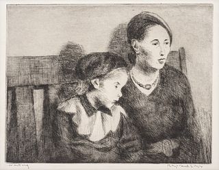 Raphael Soyer (American, 1899-1987) Drypoint Etching on Wove Paper, 1942, "Waiting", H 7.1" W 9"