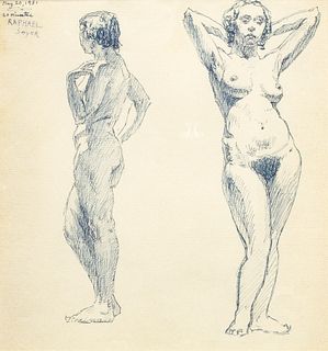 Raphael Soyer (American, 1899-1987) Blue Ink on Paper, May 1931, "Standing Nude", H 9" W 8.25"