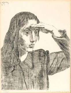Raphael Soyer (American, 1899-1987) Etching on Paper, 1967, "Girl Shading Her Eyes", H 10" W 8"