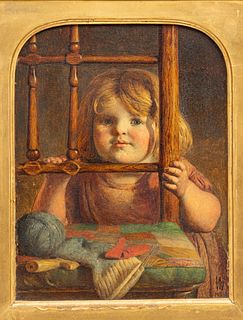 John Dawson Watson (British, 1832-1892) Oil on Wood Panel 1858, Granny's Pet, H 9" W 7"