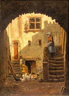 Antoine Vollon (French, 1833-1900) Oil on Mahogany Panel, "Courtyard Racket, Clermont-Ferrand", H 16.5" W 12"