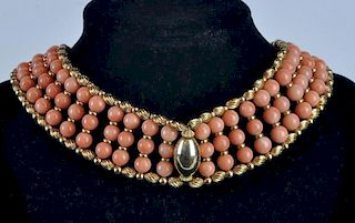 14kt Gold & Coral Bead 3 Strand Collar Necklace